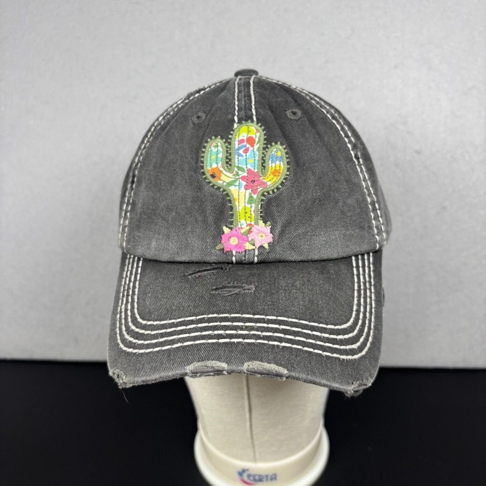 Boho Floral Cactus Patch Grey Distressed Baseball Hat Adjustable Vintage Life